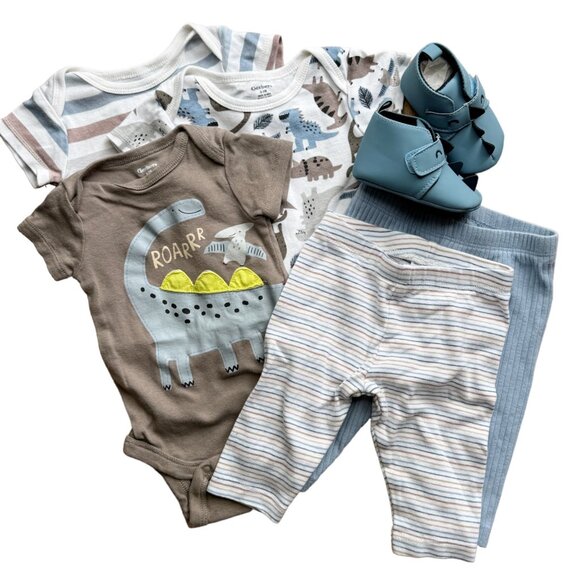 Carter's Other - Baby Boy Bundle 5 Piece Matching Set & Shoes 0-3M Dino Blue Cute Soft